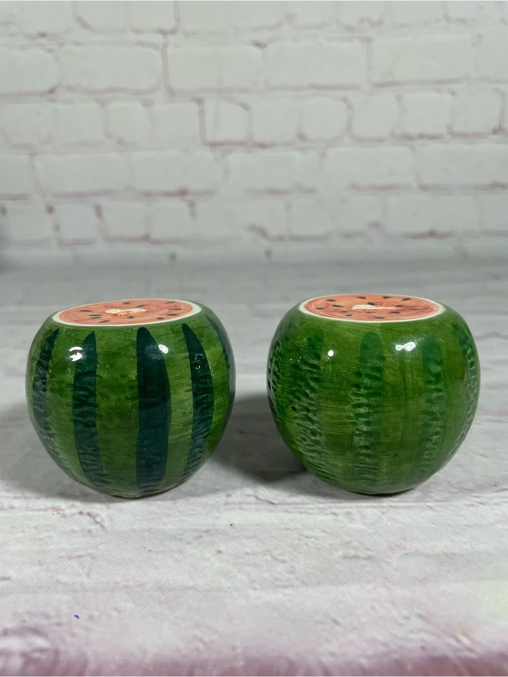 Vintage Hand Painted Ceramic Watermelon Salt and Pepper Shaker Set With Stoppers
